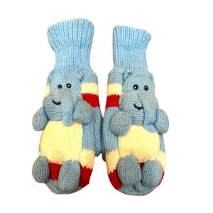 Youth Knit Hippo Character Mittens Blue Red Striped Winter Warm Gloves